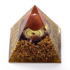 Goldstone Orgonite Pyramid, Resin Pointed Home Display Decorations, with Synthetic Goldstone and Brass Findings Inside, 50x50x50mm