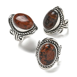 Красный Обсидиан Регулируемые кольца из натурального красного дерева и обсидиана, без свинца и без кадмия, старинные посеребренные латунные перстни для женщин, овальные, 27 мм, внутренний диаметр: 17 мм