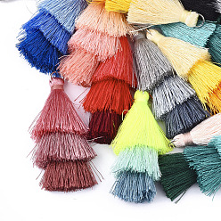 Mixed Color Polyester Tassel Big Pendant Decorations, with Iron Findings, Platinum, Mixed Color, 55~63x18~25mm, Hole: 6mm