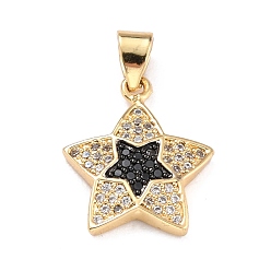 Black Brass Micro Pave Cubic Zirconia Pendants, Golden, Star, Black, 17x15x3mm, Hole: 4x3mm
