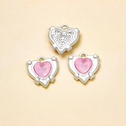 Pink Brass with Cubic Zirconia Pendants, Heart, Matte Silver Color, Pink, 17x15mm