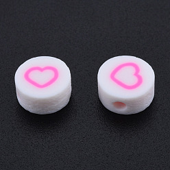Pearl Pink Handmade Polymer Clay Beads, Flat Round with Heart, Pearl Pink, 9~9.5x4~5mm, Hole: 1.6mm