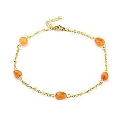 Carnelian Natural Carnelian Nuggets Beaded Anklet with Vacuum Plating 304 Stainless Steel Chains, 8-1/8~10 inch(20.6~25.4cm)