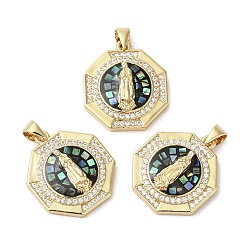 Черный Латунные микро проложить кубического циркония подвески, с эмалью и ракушкой, долговечный, без свинца и без кадмия, реальный 18 k позолоченный, восьмиугольник с девой марией, чёрные, 22.5x20x4 мм, отверстие : 5x3.5 мм