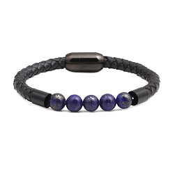 lapis lazuli Stainless Steel Magnetic Clasp Leather Bracelet - European and American Men's Emperor Stone Bead Bracelet