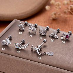 Нержавеющая Сталь Цвет Серьги-гвоздики для хряща из латуни с микропаве из прозрачного кубического циркония, с 316 штифтов из нержавеющей стали, цвет нержавеющей стали, 6 мм, штифты : 0.8 мм, 20 датчик