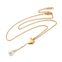 Golden Vacuum Plating 304 Stainless Steel Heart Pendant Lariat Necklace, with Natural Shell, Golden, 15.75 inch(40cm)