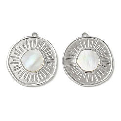 Нержавеющая Сталь Цвет Плоские круглые 304 подвески из натуральной ракушки пауа из нержавеющей стали/белой ракушки, цвет нержавеющей стали, 25x22x2.5 мм, отверстие : 1.6 мм