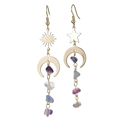 Golden Moon & Star & Sun Brass Asymmetrical Earrings, Natural Fluorite Chips Beads Tassel Earrings, Golden, 80~86x18mm