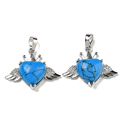 Синтетическая Бирюза Синтетическая бирюза с подвесками из прозрачного кубического циркония, Подвески в форме сердца и крыльев с фурнитурой из латуни с металлическим покрытием, платина, без кадмия и без свинца, 25x31.5x8.5~9 мм, отверстие : 7.9x5 мм