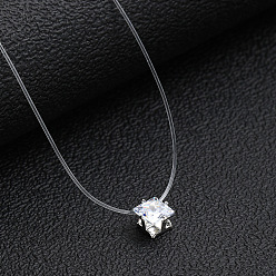 Square Alloy with Cubic Zirconia Pendant Necklace for Women, Square, 12.99 inch(33cm)