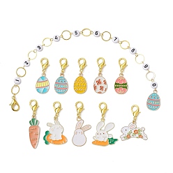Mixed Color 11 Style Easter Theme Acrylic Beaded Knitting Row Counter Chains & Locking Stitch Markers Kits, with Alloy Enamel Pendants, Egg/Carrot/Rabbit, Mixed Color, 35~229mm