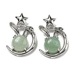 Зеленый Авантюрин Естественный зеленый авантюрин подвески, Подвески в виде кролика со стойкой из латуни, луны и звезды, платина, без кадмия и без свинца, 27.5x18x9 мм, отверстие : 6x2.5 мм