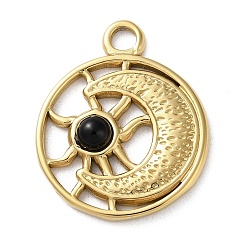 Black Onyx Вакуумное покрытие pvd 316 подвески из нержавеющей стали, с натуральным черным ониксом(крашенный и с подогревом), плоско-круглые, реальный 18 k позолоченный, 24.5x20x3.5 мм, отверстие : 2.7 мм