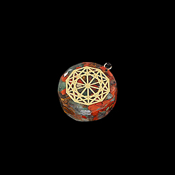 Round 7 Chakra Gemstone Resin Polygon Pendants, with Golden Tone Metal Slice, Round, 35x10mm