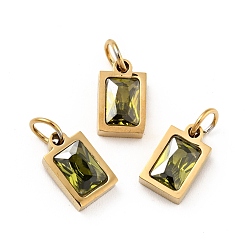 Olive Drab Vacuum Plating 304 Stainless Steel Pendants, with Cubic Zirconia and Jump Rings, Single Stone Charms, Rectangle, Golden, Olive Drab, 9.5x6x3mm, Hole: 3.6mm