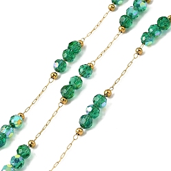 Темно-Зеленый 316 хирургические шариковые цепи из нержавеющей стали, со стеклянными и 304 нержавеющими бусинами, пайки, с катушкой, реальный 18 k позолоченный, темно-зеленый, 2.5x1x0.2 мм
