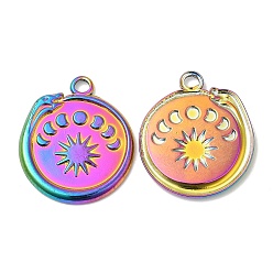 Rainbow Color 304 Stainless Steel Pendants, Flat Round with Snake & Moon Phases Charm, Rainbow Color, 23x20.5x2mm, Hole: 2mm
