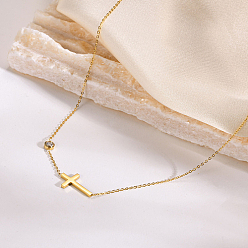 Golden Stainless Steel Cross Pendant Necklace, with Cubic Zirconia, Golden, 15.75~17.72 inch(40~45cm)