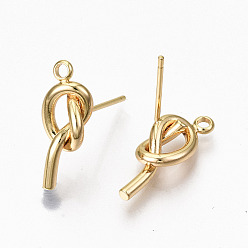 Real 18K Gold Plated Brass Stud Earring Findings, with Loop, Knot, Nickel Free, Real 18K Gold Plated, 26x9mm, Hole: 1.8mm, Pin: 0.7mm