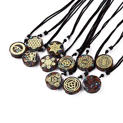 Mixed Stone Orgonite Chakra Necklaces, Pendant Necklaces, with Natural Gemstone Chip, Nylon Thread, Brass Findings, Flat Round, 25.9 inch(66cm)x0.2cm