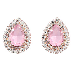 Pink Sparkling Crystal Drop Earrings for Women, Exaggerated Alloy Diamond Studs with Glass Gems