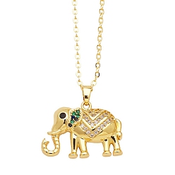 Green Brass Micro Pave Cubic Zirconia Pendant Necklaces, Elephant, Green, 17.72 inch(45cm), Pendant: 22x23mm