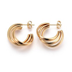 Golden Ion Plating(IP) 304 Stainless Steel Stud Earrings, Half Hoop Earrings, Golden, 22.5x22.5x2.5mm, Pin: 0.5mm