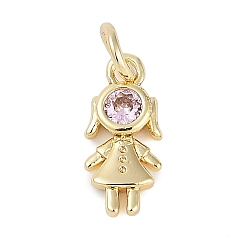 Pink Подвеска из латуни с микропаве из кубического циркония, без свинца и без кадмия, долговечный, реальный 18 k позолоченный, шармы в форме человека , с целью перехода в кольце, розовые, 13x6x2.5 мм