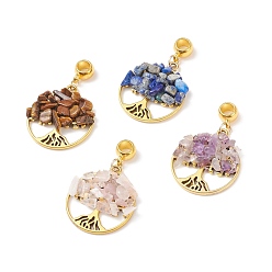 Mixed Stone Natural Mixed Stone European Dangle Charms, Large Hole Pendant, with Alloy Findings, Flat Round with Tree of Life, Antique Golden, 39mm, Pendant: 28.5x25x5~7mm, Hole: 4.5mm
