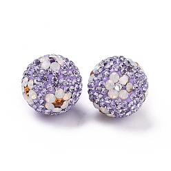 Light Amethyst Polymer Clay Rhinestone Beads, Pave Disco Ball Beads, Round with Flower, Light Amethyst, 16mm, Hole: 1.6~1.8mm