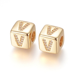 Letter V Brass Micro Pave Cubic Zirconia European Beads, Horizontal Hole, Large Hole Beads, Long-Lasting Plated, Cube with Letter, Golden, Clear, Letter.V, 9x9x9.5mm, Hole: 4.5mm