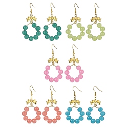 Mixed Color Imitation Jade Glass Beaded Ring Dangle Earrings, Golden Alloy Bowknot Long Drop Earrings, Mixed Color, 63x32mm