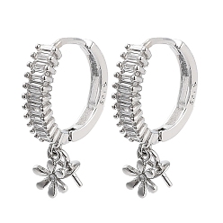 Real Platinum Plated Rhodium Plated 925 Sterling Silver Cubic Zirconia Hoop Earring Findings, with Flower Charms and Pinch Bails, for Half Drilled Beads, with S925 Stamp, Real Platinum Plated, 22 Gauge, 13.5x13mm, Pin: 0.6mm