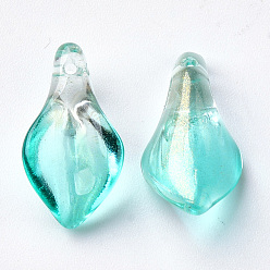 Turquoise Transparent Spray Painted Glass Pendants, with Glitter Powder, Petaline, Turquoise, 20x10.5x6mm, Hole: 1.2mm