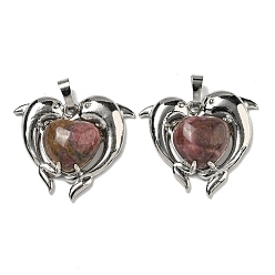 Родонит Подвески в форме сердца из натурального родонита, латунные подвески в виде дельфинов, платина, без кадмия и без свинца, 29x32.5x8.5 мм, отверстие : 8x5 мм