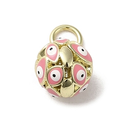Pink Brass Enamel Charms, with Jump Ring, Real 18K Gold Plated, Round with Evil Eye Charm, Pink, 12.5x10mm, Hole: 3.6mm