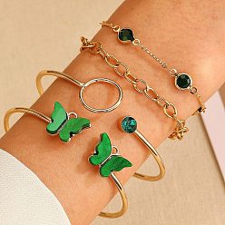 Green Light Gold Alloy Butterfly Cuff Bangle and Link Chain Bracelets Set, Resin Jewelry Set with Rhinestone, Green, 62~64mm, 4Pcs/set