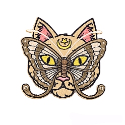 Olive Cat's Head Appliques, Embroidery Iron on Cloth Patches, Sewing Craft Decoration, Olive, 76x72mm
