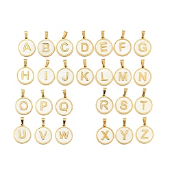 Letter A~Z Vacuum Plating 304 Stainless Steel with White Shell Pendants, Golden, Flat Round with Letter Charm, Letter A~Z, 18x16x1.5mm, Hole: 3x6mm