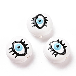 White Enamel Beads, with ABS Plastic Imitation Pearl Inside, Oval with Evil Eye, White, 13.5x13x7.5mm, Hole: 1mm