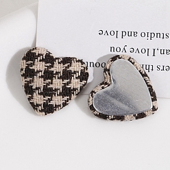 Coffee Cloth Fabric Cabochons, Ornament Accessories, with Metal Finding, Heart with Tartan Pattern, Coffee, 27x26mm
