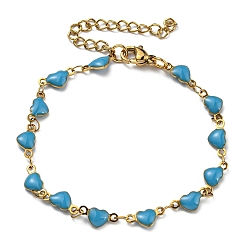 Sky Blue Golden 304 Stainless Steel Heart Link Chain Bracelet with Enamel, Sky Blue, 6-7/8 inch(17.5cm)