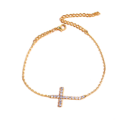 Golden Alloy Anklets, with Rhinestone, Cross, Golden, 8-5/8 inch(22cm)