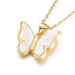 White Brass Pendant Necklaces, with Resin and 304 Stainless Steel Cable Chains, Butterfly, Golden, White, 19.29 inch(49cm)