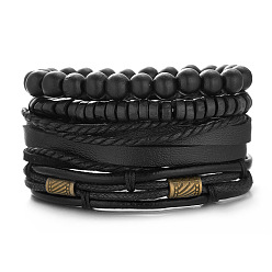 BR22Y0038 Stylish Leather and Beaded Bracelet Set for Men - Fashionable Woven Combination Design