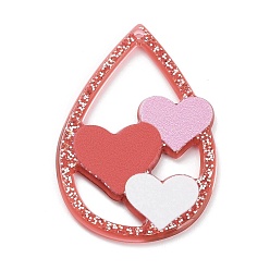 Indian Red Valentine's Day Opaque Acrylic Pendants, with Glitter Powders, Teardrop Heart, Indian Red, 46.5x30x2mm, Hole: 1.8mm