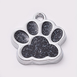 Black Alloy Enamel Charms, with Glitter Powder, Dog Paw Prints, Platinum, Black, 17.7x16.6x2mm, Hole: 2mm