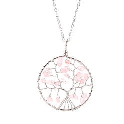 Cherry Quartz Glass Synthetic Cherry Quartz Glass Chips Beaded Tree of Life Pendant Necklaces, with Platinum Alloy Chains, 19.69 inch(50cm)