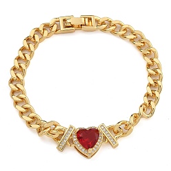 Красный Латунь микро проложить кубические циркониевые браслеты, со стеклом, реальный 18 k позолоченный, сердце, красные, 6-1/2 дюйм (16.5 см)